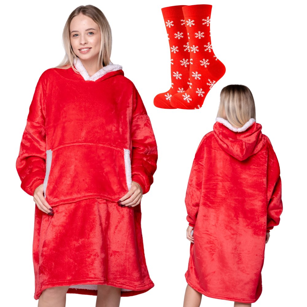 Koc z rękawami Koc bluza kocobluza Oversize 2W1 XXL, czerwony + skarpetki