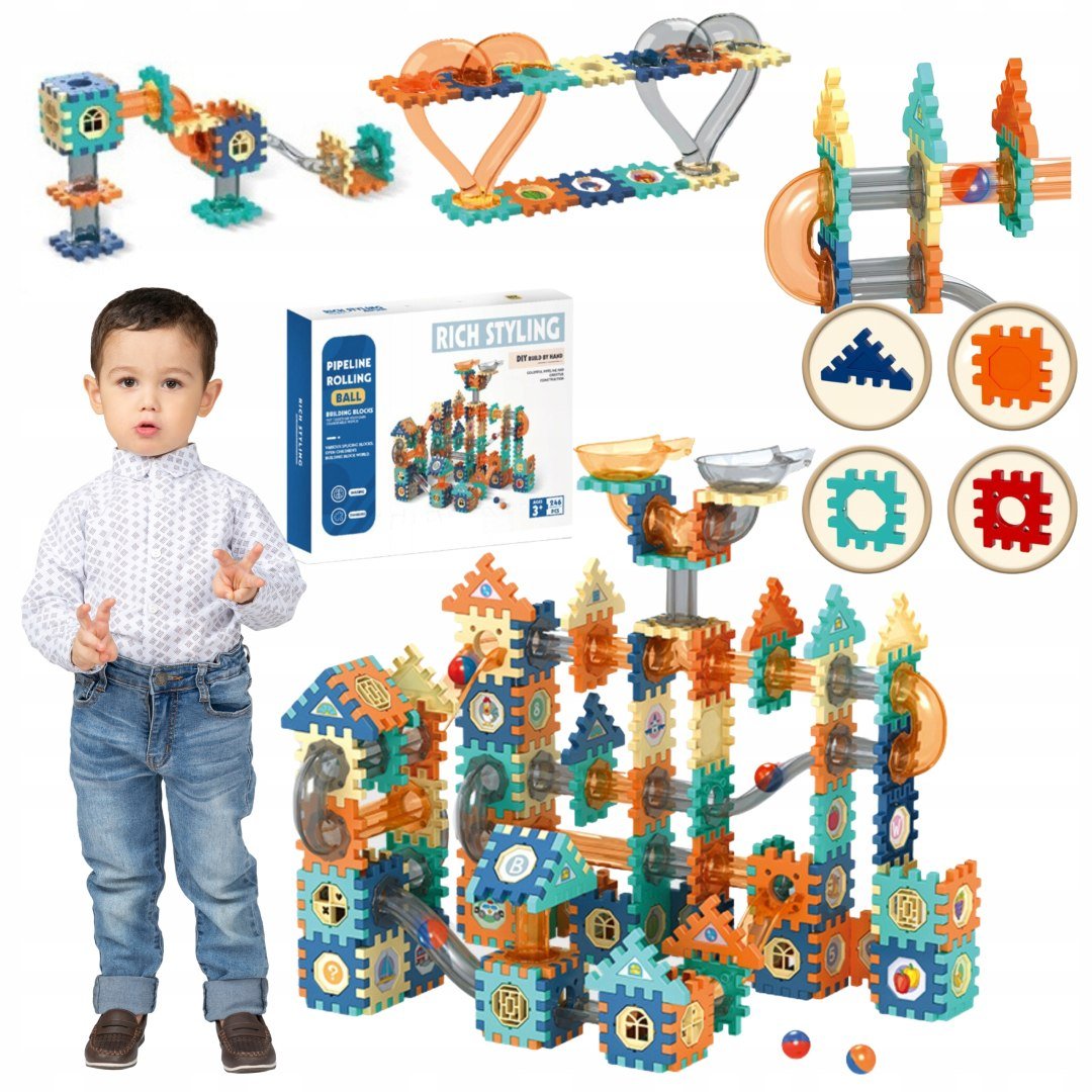 KLOCKI KONSTRUKCYJNE TOR KULKOWY UKŁADANKA WAFLE KULODROM ZESTAW 246el