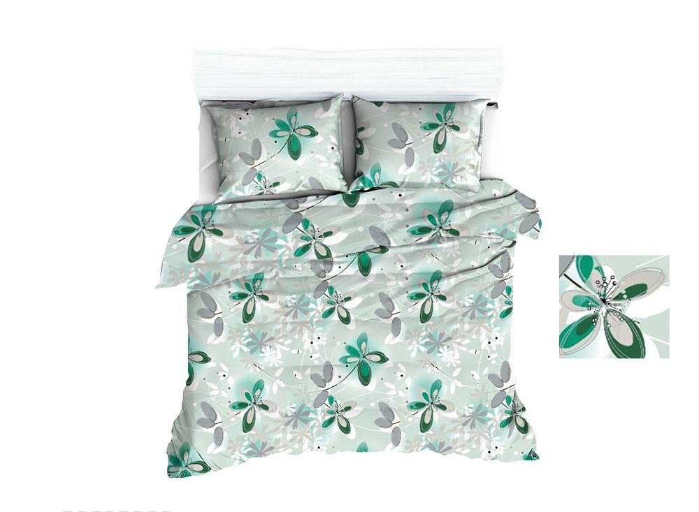 Pościel 200x220 1688E zielona kwiaty liście szare zielone 1140N