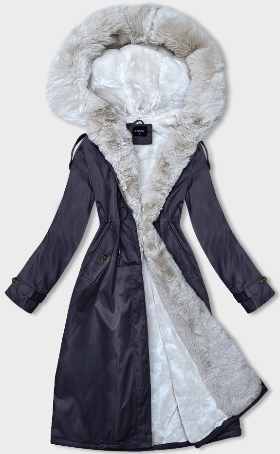 Parka damska zimowa z futerkiem granat-beż (B557-3046) - S'WEST