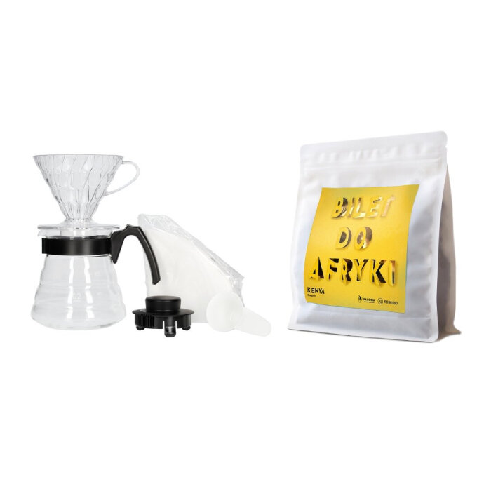 ZESTAW - Kawa ziarnista Paloma Kenya Bungoma 250g + Hario V60 Craft Coffee Maker