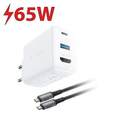 Acefast 2w1 ładowarka sieciowa GaN 65W USB Typ C / USB, adapter przejściówka HDMI 4K@60Hz (zestaw z kablem) biały (A17 white)