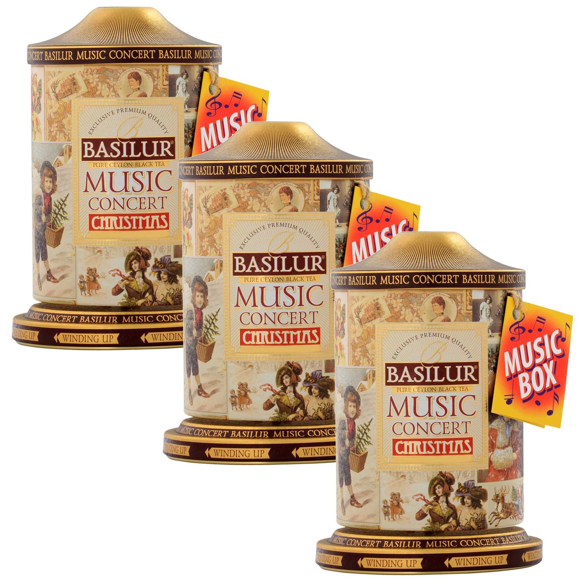 BASILUR Music Concert Christmas - Czarna liściasta herbata cejlońska, puszka z pozytywką, świąteczna herbata 100 g x3
