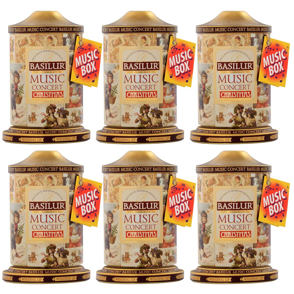 BASILUR Music Concert Christmas - Czarna liściasta herbata cejlońska, puszka z pozytywką, świąteczna herbata 100 g x6