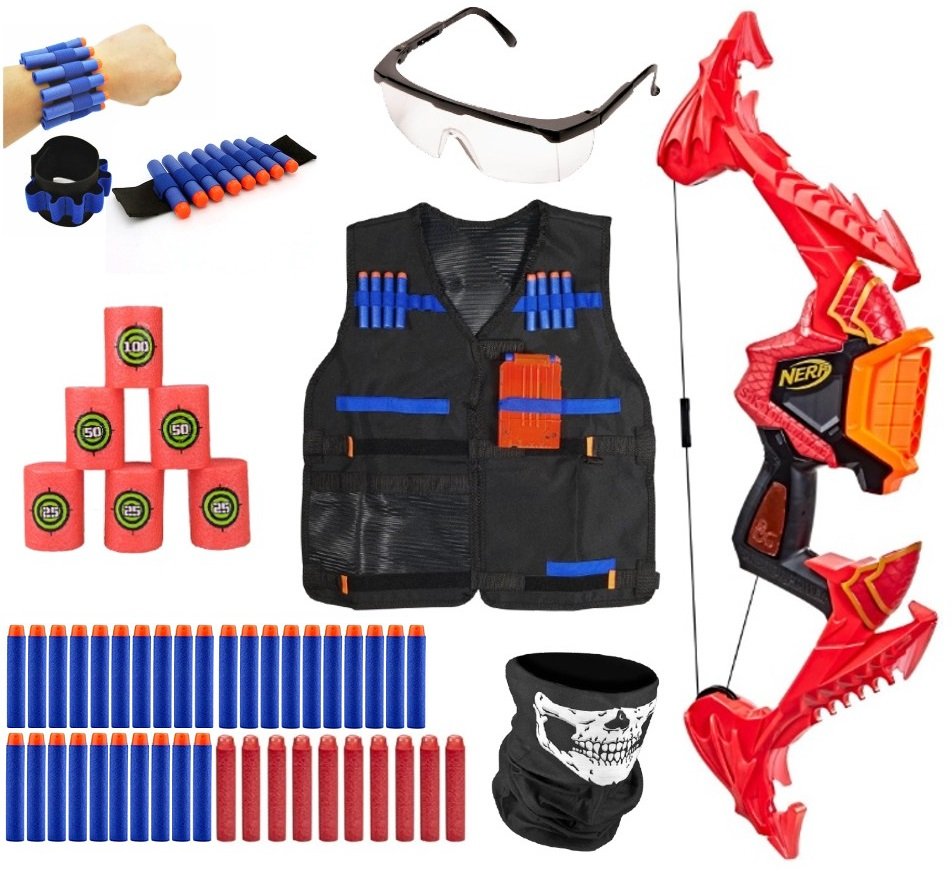 Nerf Elite Dragonpower łuk Skyblaze F0809 + 30 strzałek + kamizelka + cele + opaska + bandana + okulary