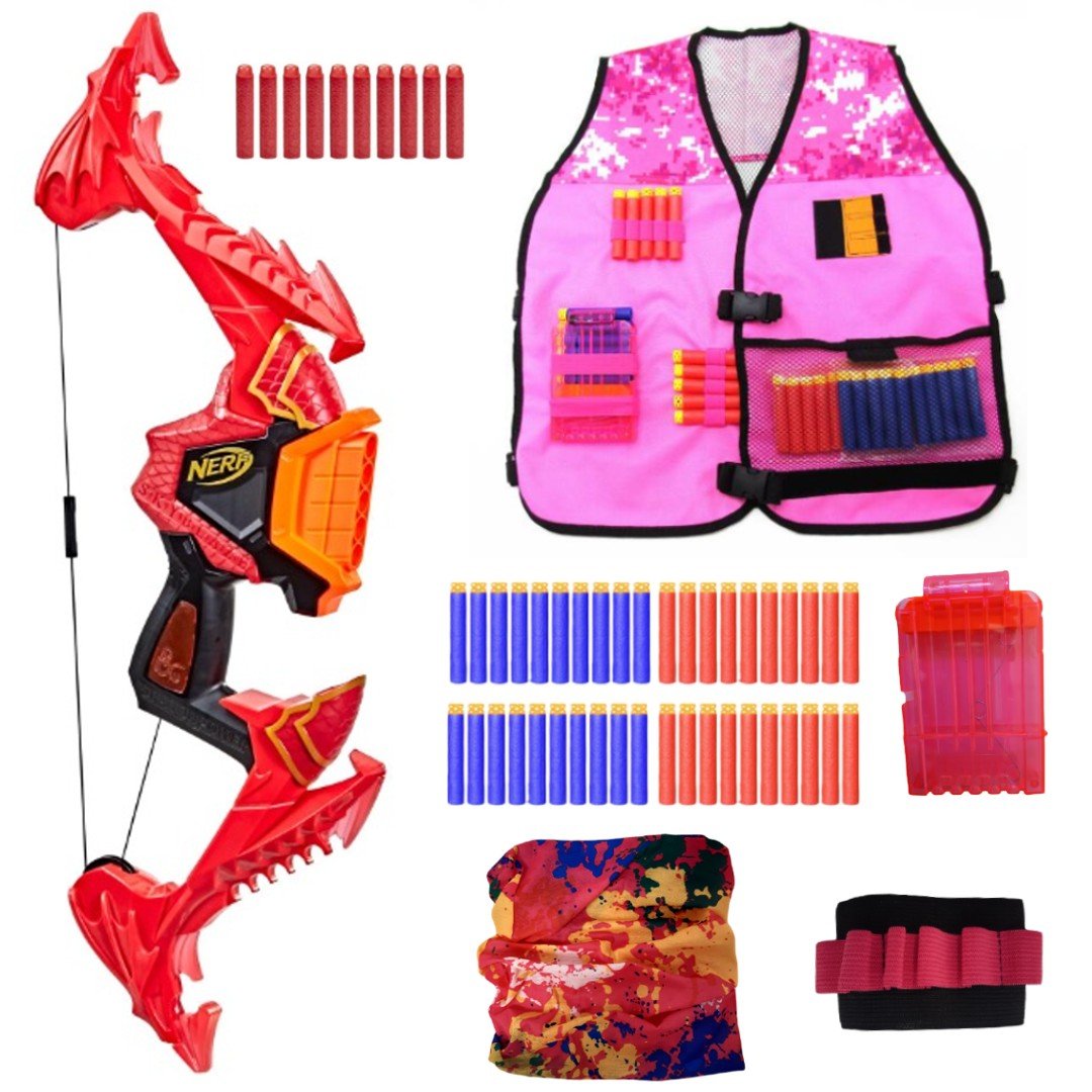 Nerf Elite Dragonpower łuk Skyblaze F0809 + różowa kamizelka zestaw dla dziewczynek GIRL POWER