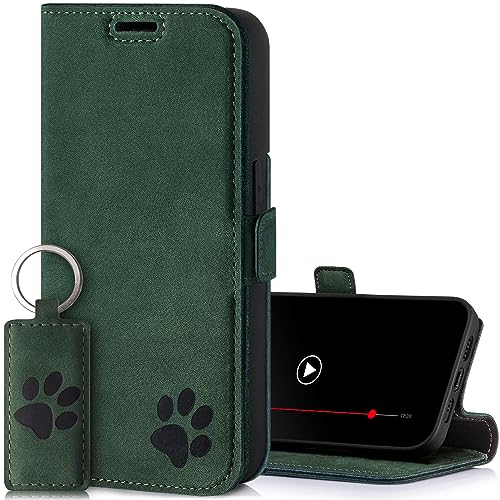 SURAZO Etui na telefon komórkowy Apple iPhone 15 Pro Max, cienkie etui ochronne z prawdziwej skóry, motyw łapy, etui z klapką RFID [funkcja stojaka, kieszeń na karty] Flip Cover Case skórzane etui