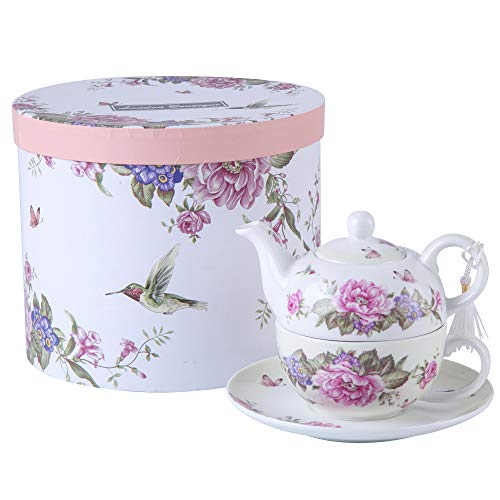 London Boutique Herbata na jeden czajniczek filiżanka do herbaty spodek zestaw prezenty dla kobiet zestaw do herbaty dla 1 flory ptak róża motyl porcelanowy prezent dla niej (beżowy/kremowy)