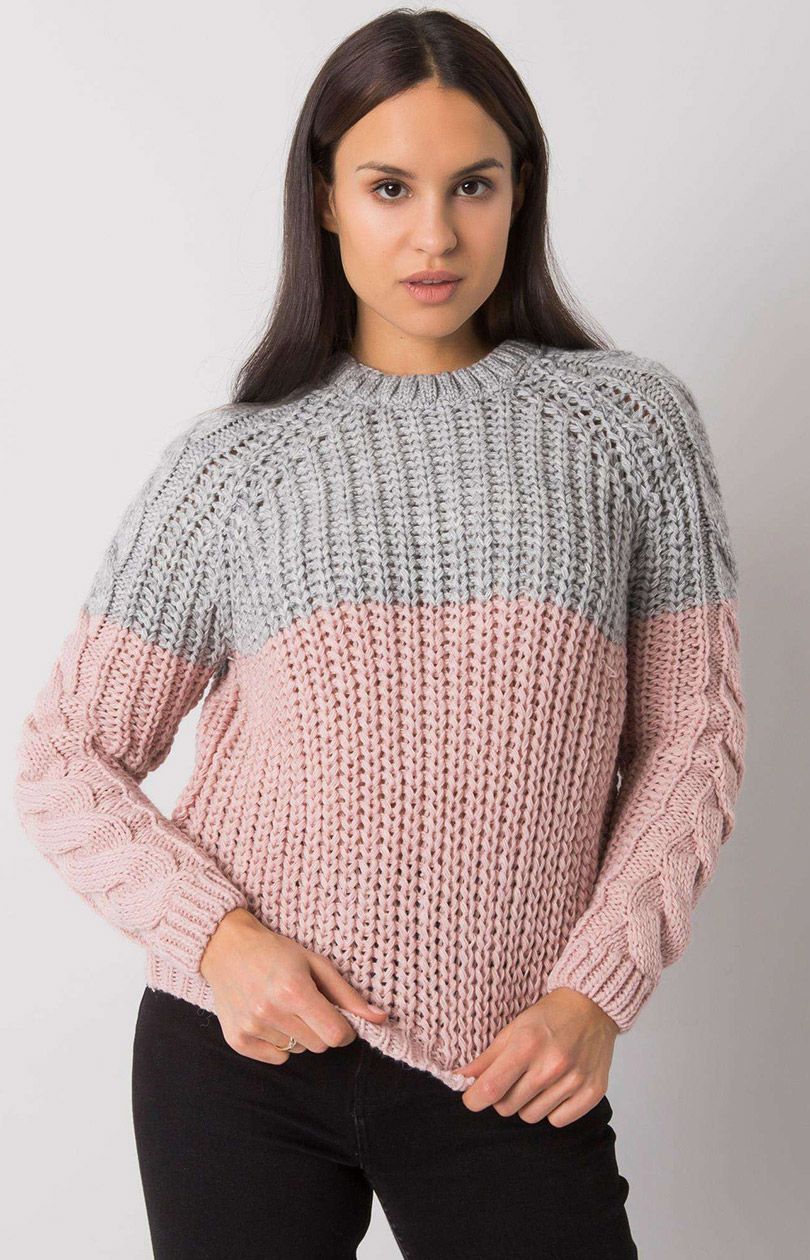 Sweter damski klasyczny szaro różowy TO-SW-666.03, Kolor szaro-różowy, Rozmiar one size - Primodo.com