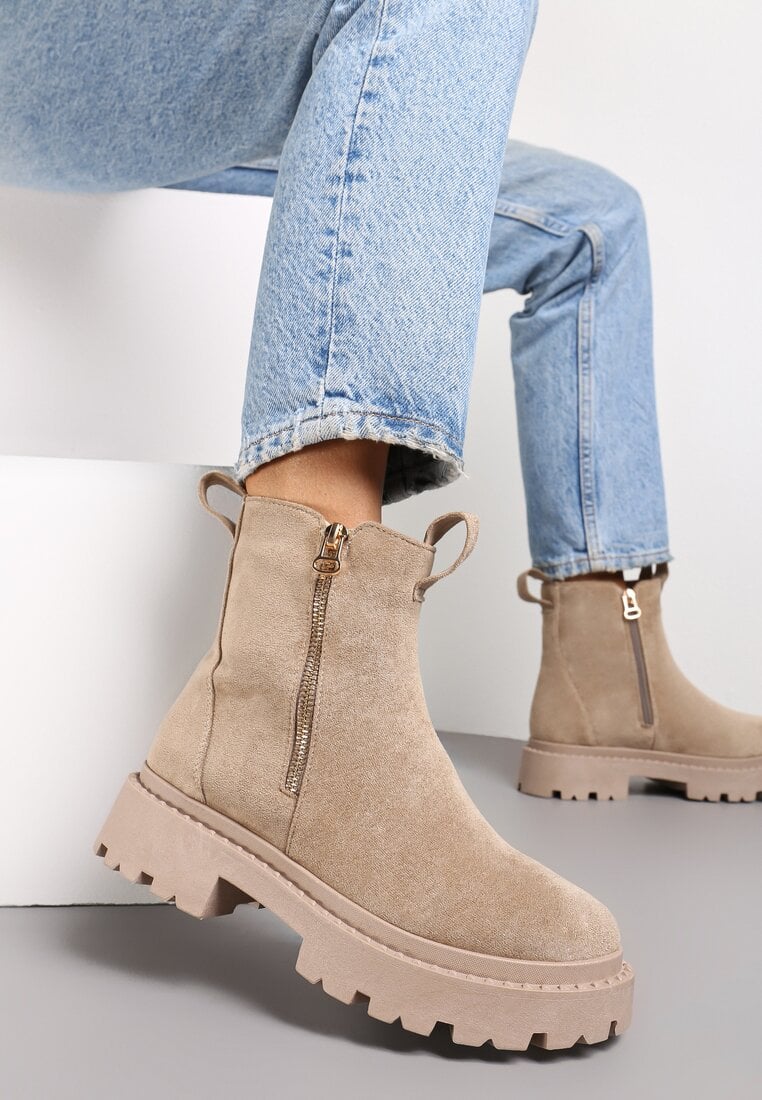 Beżowe Botki z Ozdobną Taśmą z Nadrukiem Dudrey