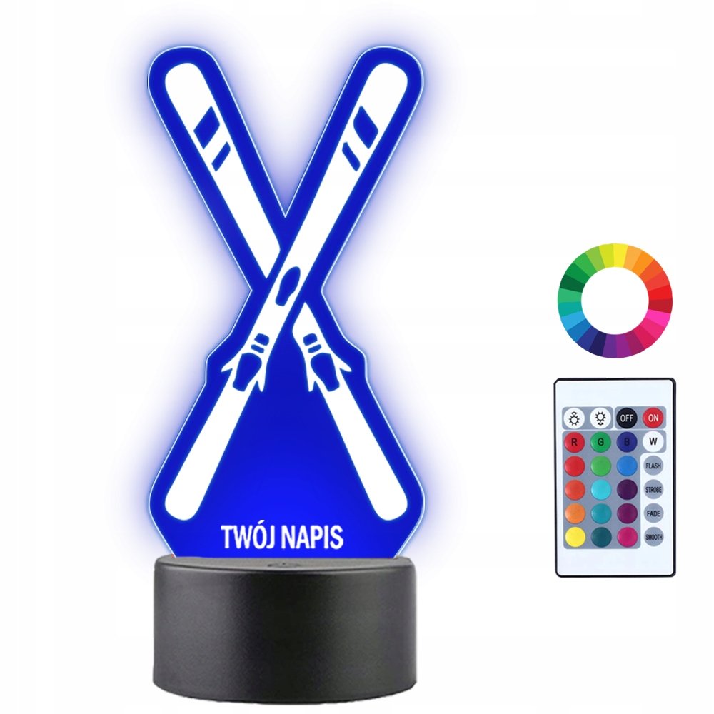 Lampka Nocna LED 3D Narty Narciarstwo Sport Zimowy Prezent Twój Napis Imię