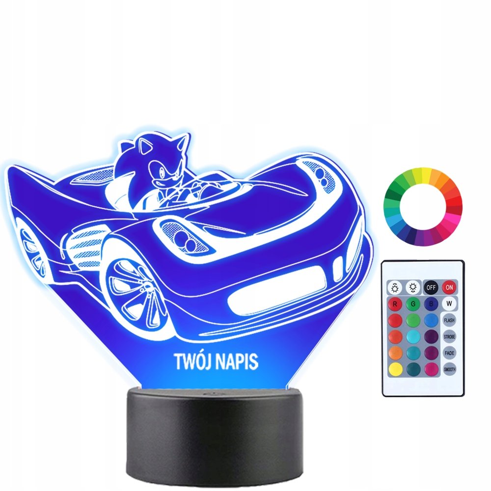 Lampka Nocna LED 3D Sonic w Samochodzie Gra Prezent Twój Napis Imię Grawer