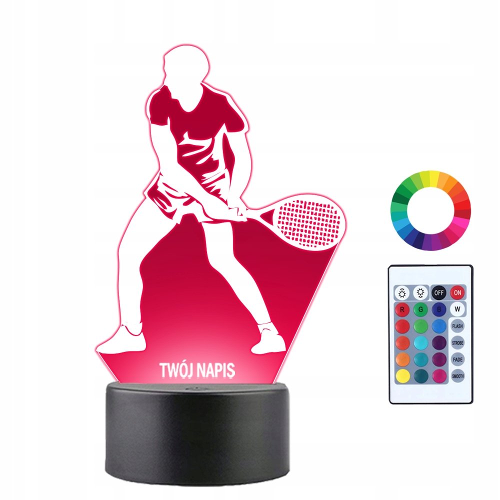 Lampka Nocna LED 3D Tenis Ziemny Tenisista Z Rakietą Prezent Twój Napis
