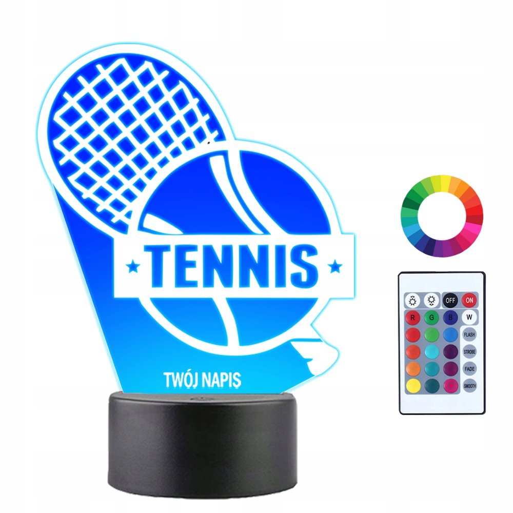Lampka Nocna LED 3D Tenis Ziemny Rakieta Do Tenisa Prezent Twój Napis Imię