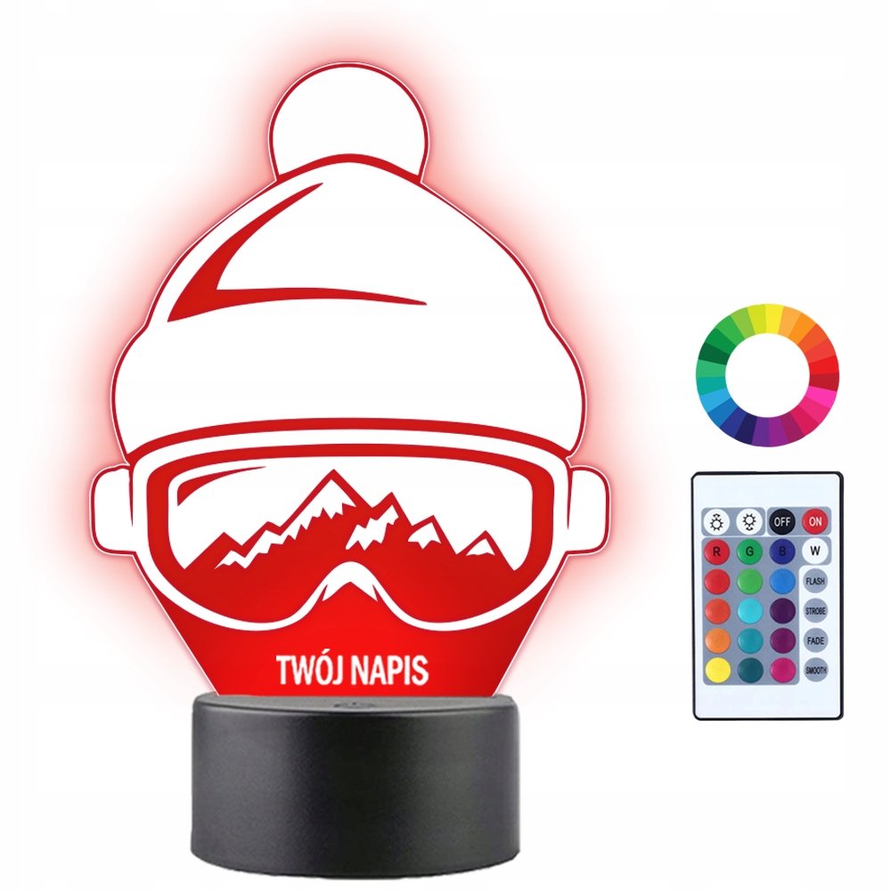 Lampka Nocna LED 3D Czapka Gogle Narciarskie Prezent Twój Napis Imię Grawer