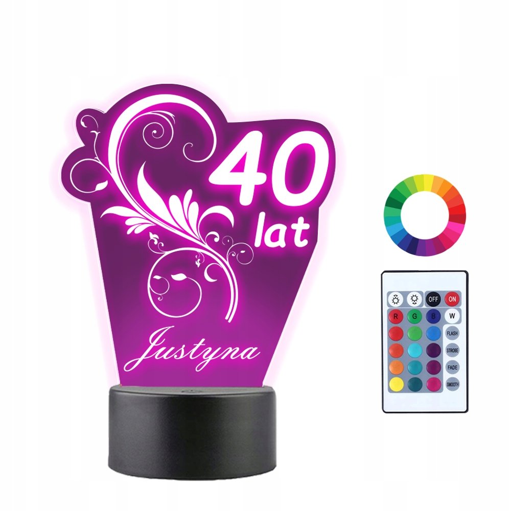 Lampka Nocna 3D LED 40 Urodziny Prezent Grawer