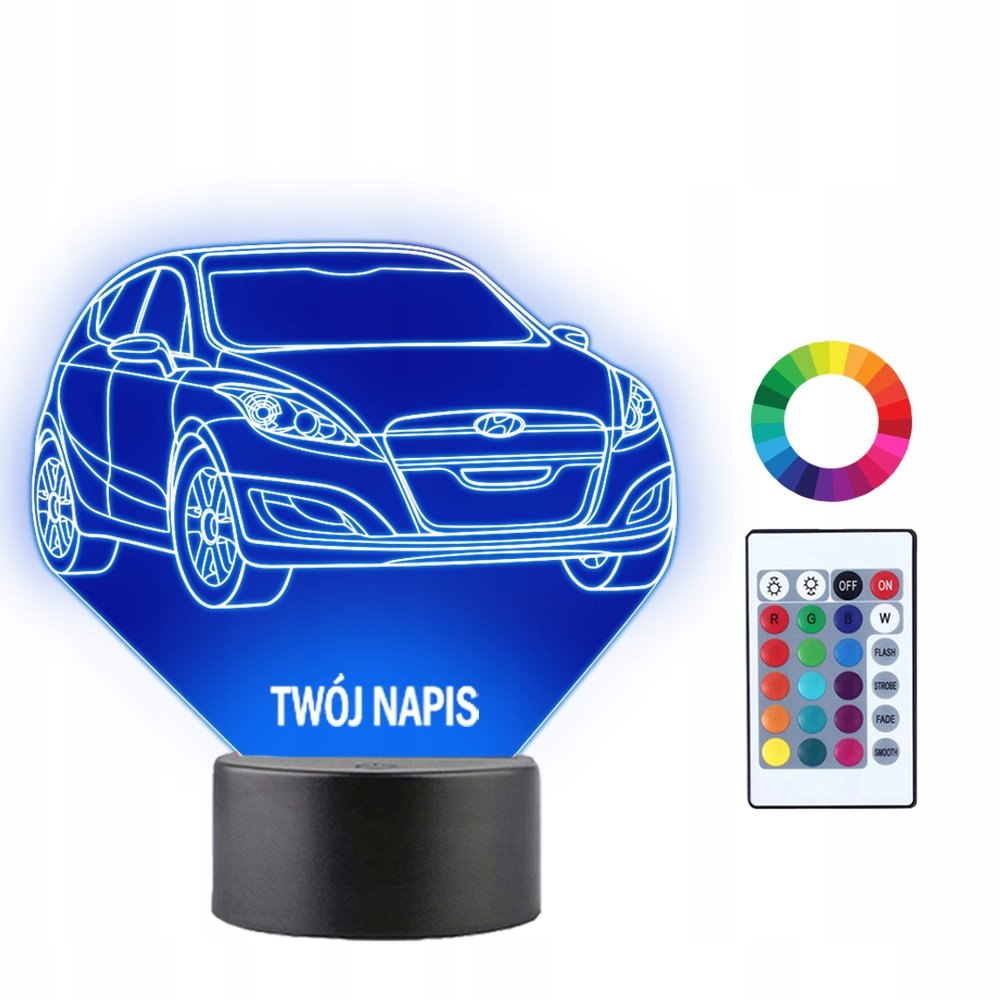Lampka Nocna Samochód Hyundai Arejs Twój Napis Imię GrawerPrezent 3D LED