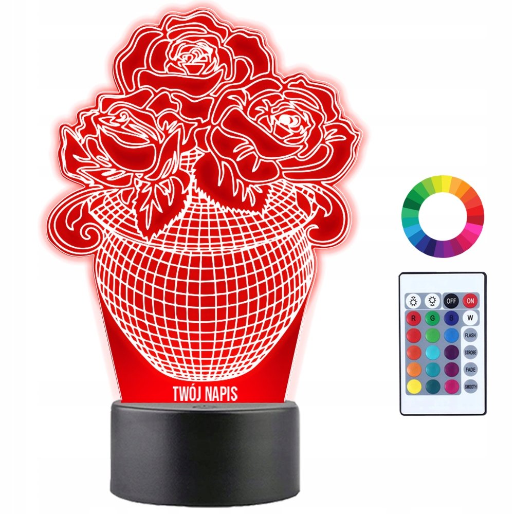 Lampka Nocna LED 3D Róża Róże w Wazonie Prezent Twój Napis Imię Grawer