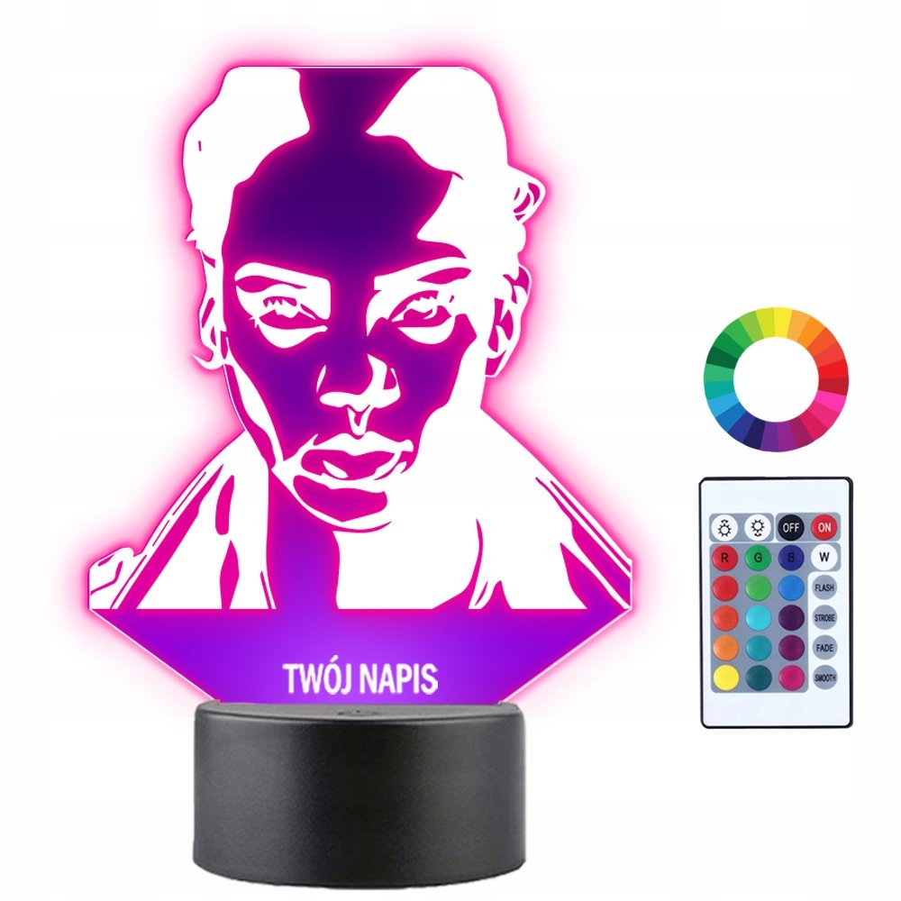 Lampka Nocna Rihanna Twarz Piosenkarka Prezent Twój Napis Imię 3D LED