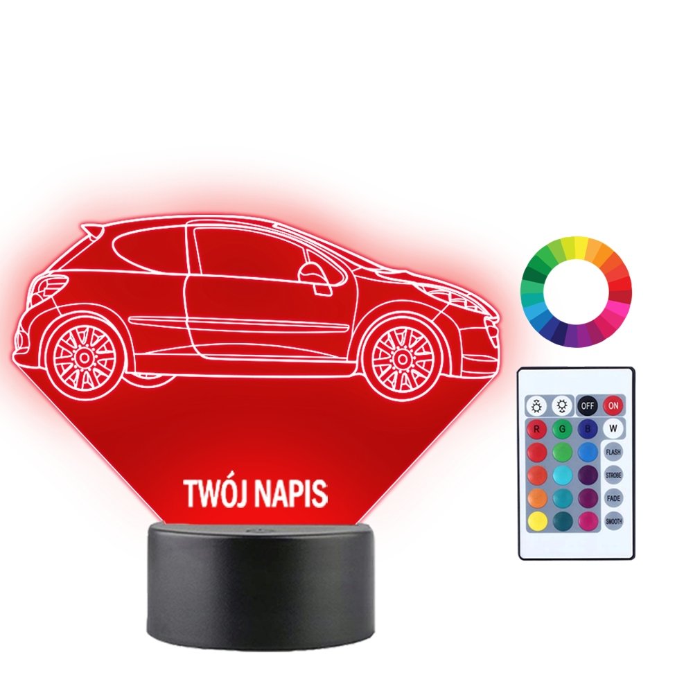 Lampka Nocna Samochód Auto Peugeot 207 Twój Napis Grawer Prezent 3D LED