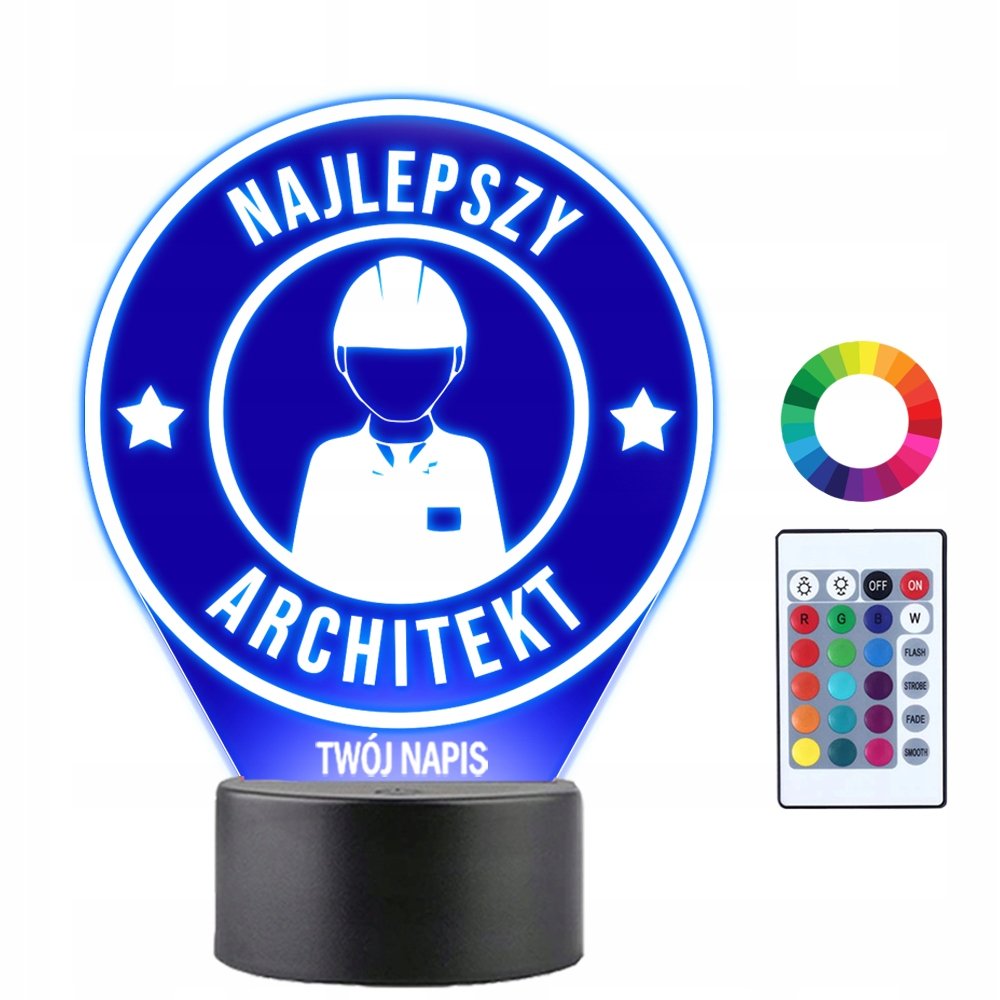 Lampka Nocna LED 3D Najlepszy Architekt Prezent Twój Napis Imię Data Grawer