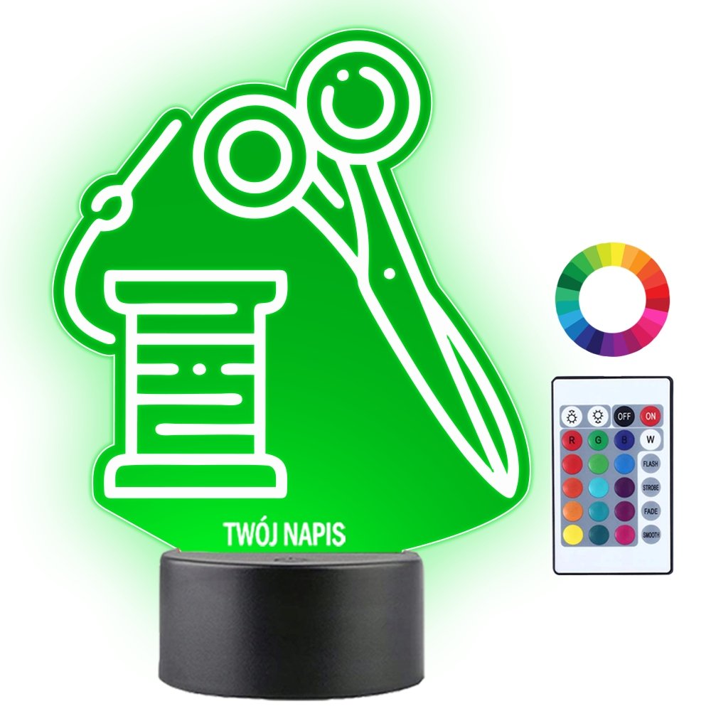 Lampka Nocna Krawiec Nożyczki Nici Prezent Twój Napis Imię Grawer 3D LED