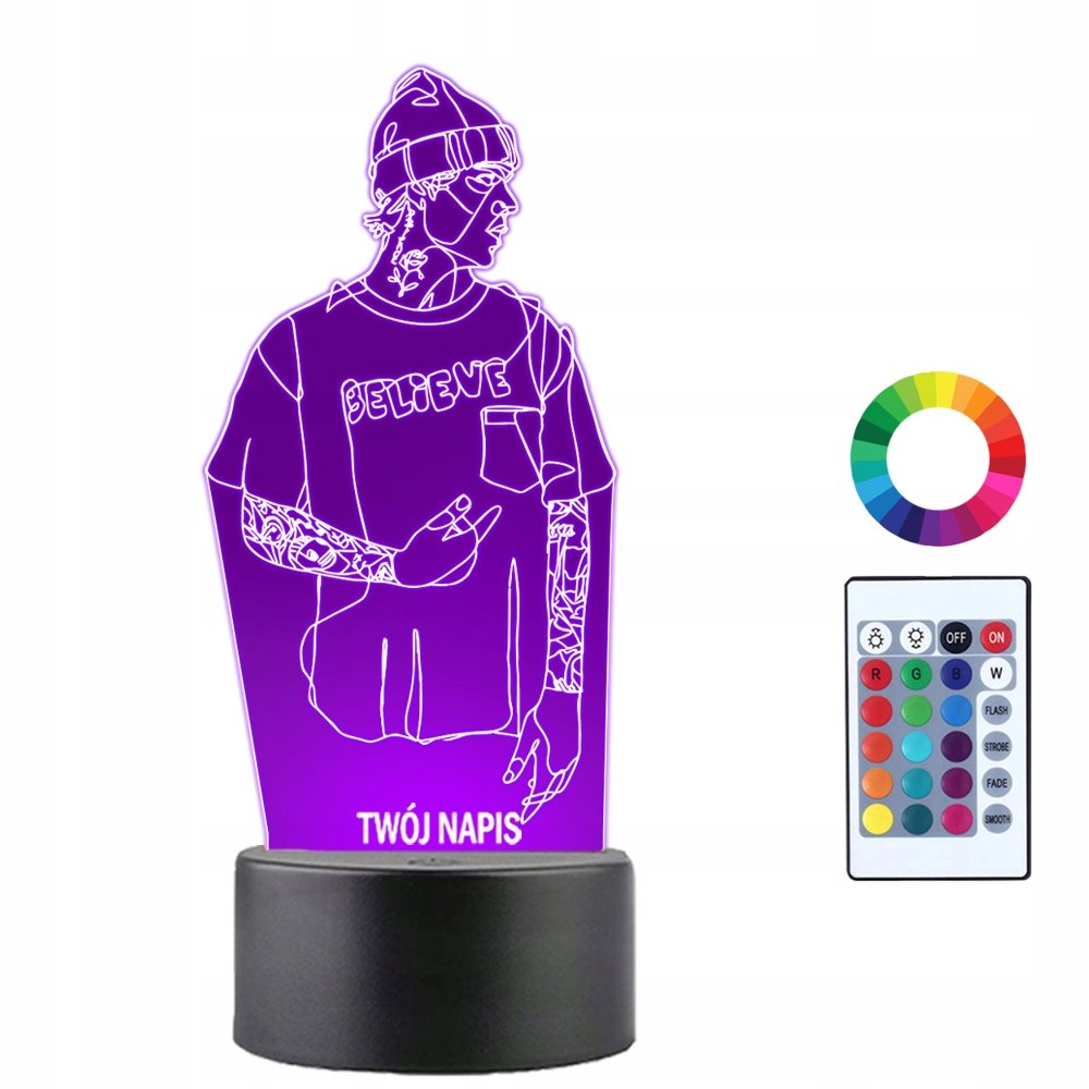 Lampka Nocna dla Dzieci Justin Bieber Piosenkarz Prezent Twój Napis 3D LED