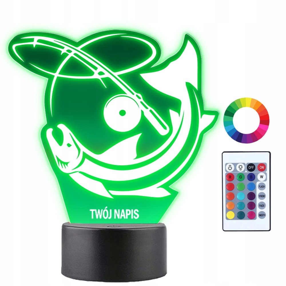 Lampka Nocna Wędkarstwo Ryba Na Wędce Prezent Twój Napis Imię Grawer 3D LED