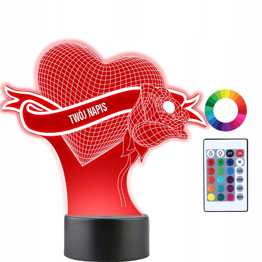 Lampka Nocna LED 3D Serce Róża Miłość Prezent Twój Napis Imię Grawer