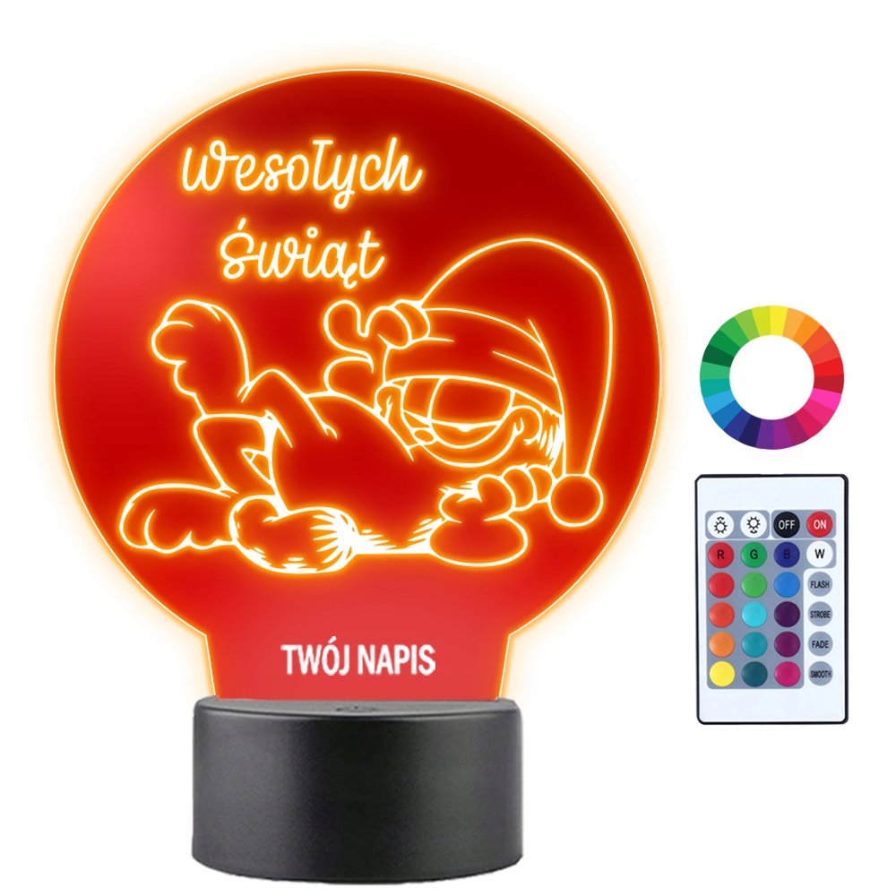 Lampka Nocna Świąteczna Garfield Wesołych Świąt Prezent Twój Napis 3D LED