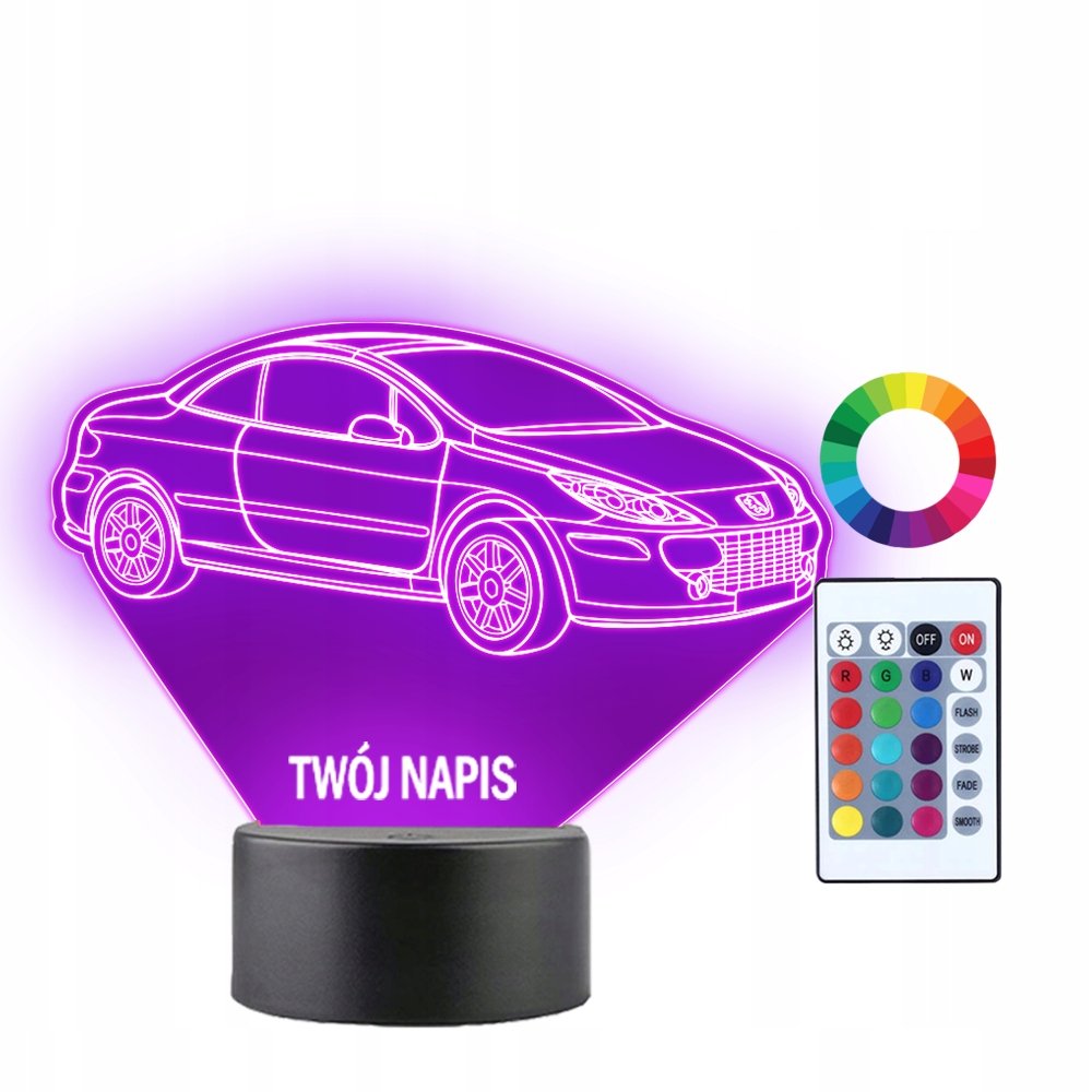 Lampka Nocna Samochód Auto Peugeot 307 Twój Napis Grawer Prezent 3D LED