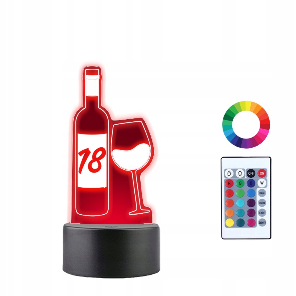 Lampka Nocna 3D LED 18 Urodziny Wino Prezent Imię