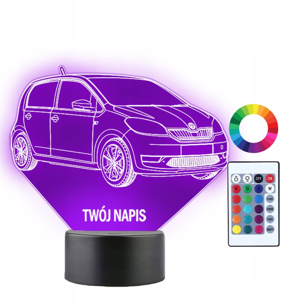 Lampka Nocna Samochód Auto Skoda Citygo Twój Napis Grawer Prezent 3D LED