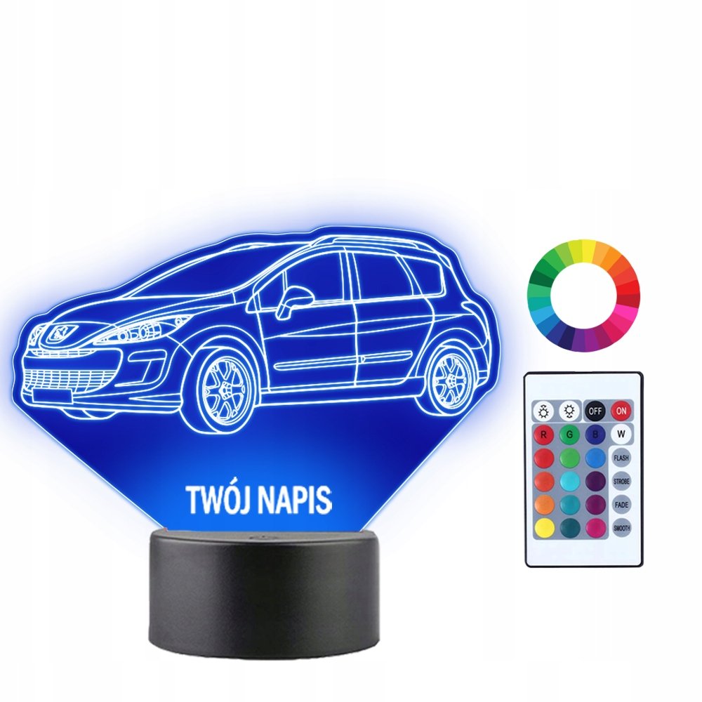 Lampka Nocna Samochód Auto Peugeot 308 Twój Napis Grawer Prezent 3D LED