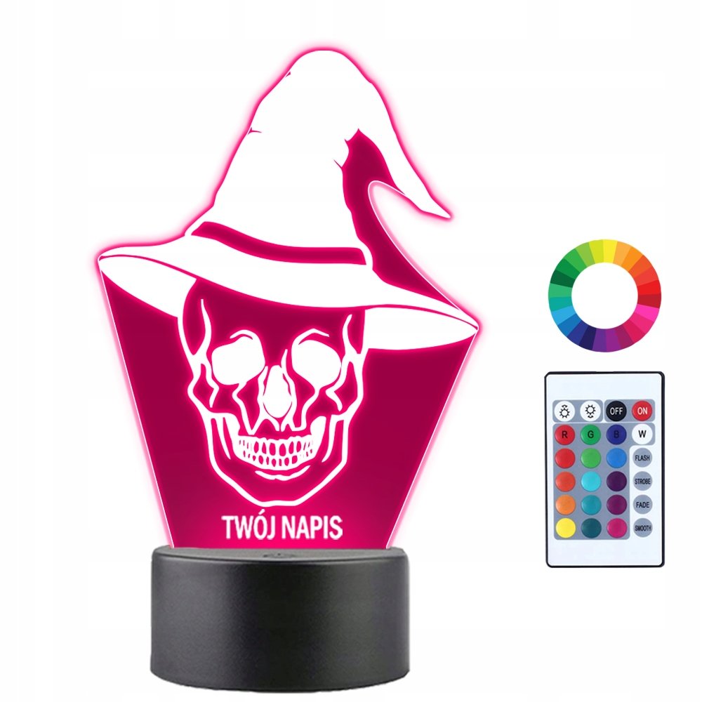 Lampka Nocna LED 3D Czaszka Kapelusz Halloween Prezent Twój Napis Grawer
