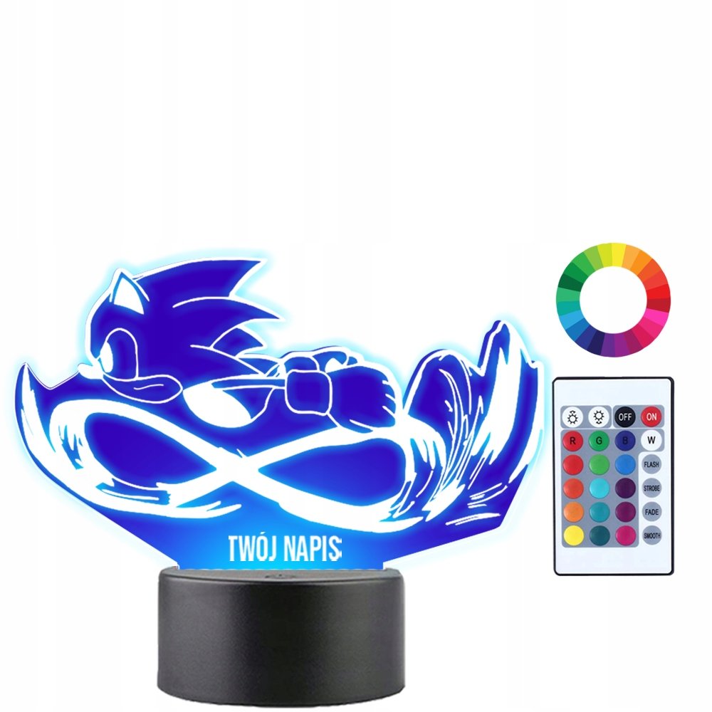 Lampka Nocna LED 3D Sonic Błyskawica Gra Prezent Twój Napis Imię Grawer