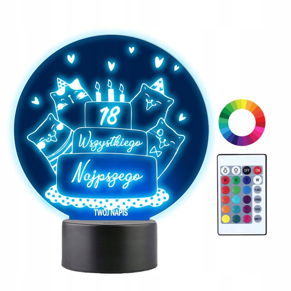Lampka Nocna 3D LED 18 Urodziny Prezent Grawer
