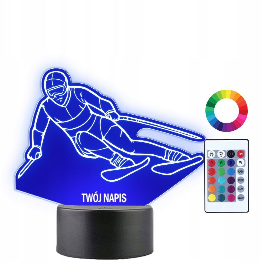Lampka Nocna LED 3D Narty Narciarstwo Sport Zimowy Prezent Twój Napis Imię