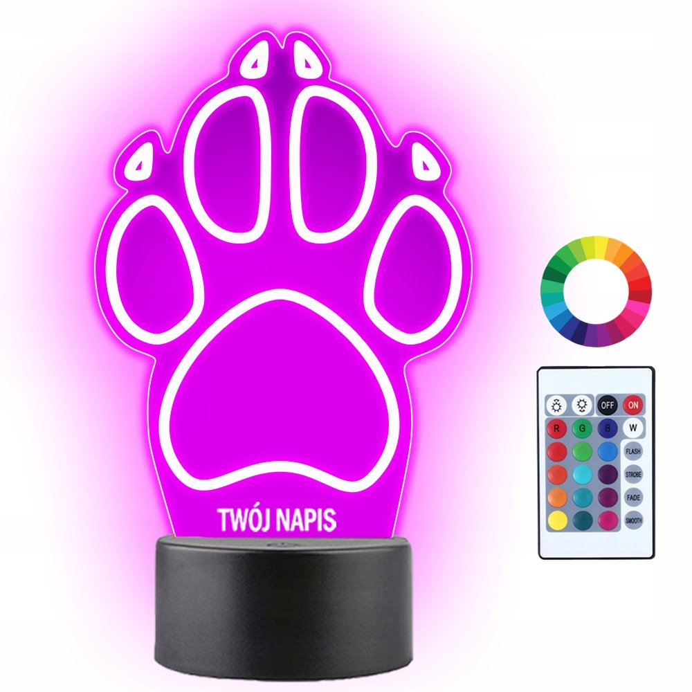 Lampka Nocna LED 3D Łapka Łapa Pies Prezent Twój Napis Imię Grawer