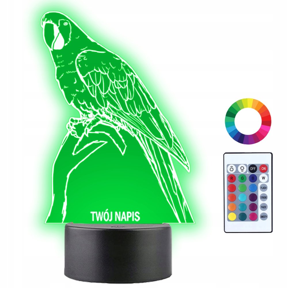 Lampka Nocna LED 3D Papuga Ptak Zwierzę Prezent Twój Napis Imię Grawer