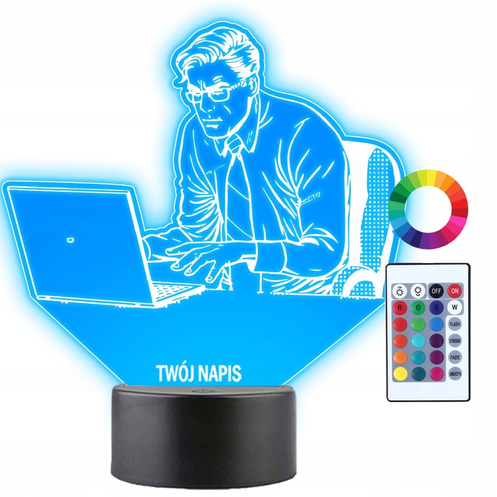 Lampka Nocna Programista Komputer Prezent Twój Napis Imię Grawer 3D LED