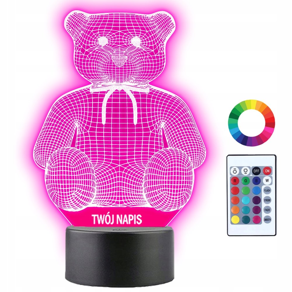 Lampka Nocna LED 3D Miś Pluszak Prezent Twój Napis Imię Grawer