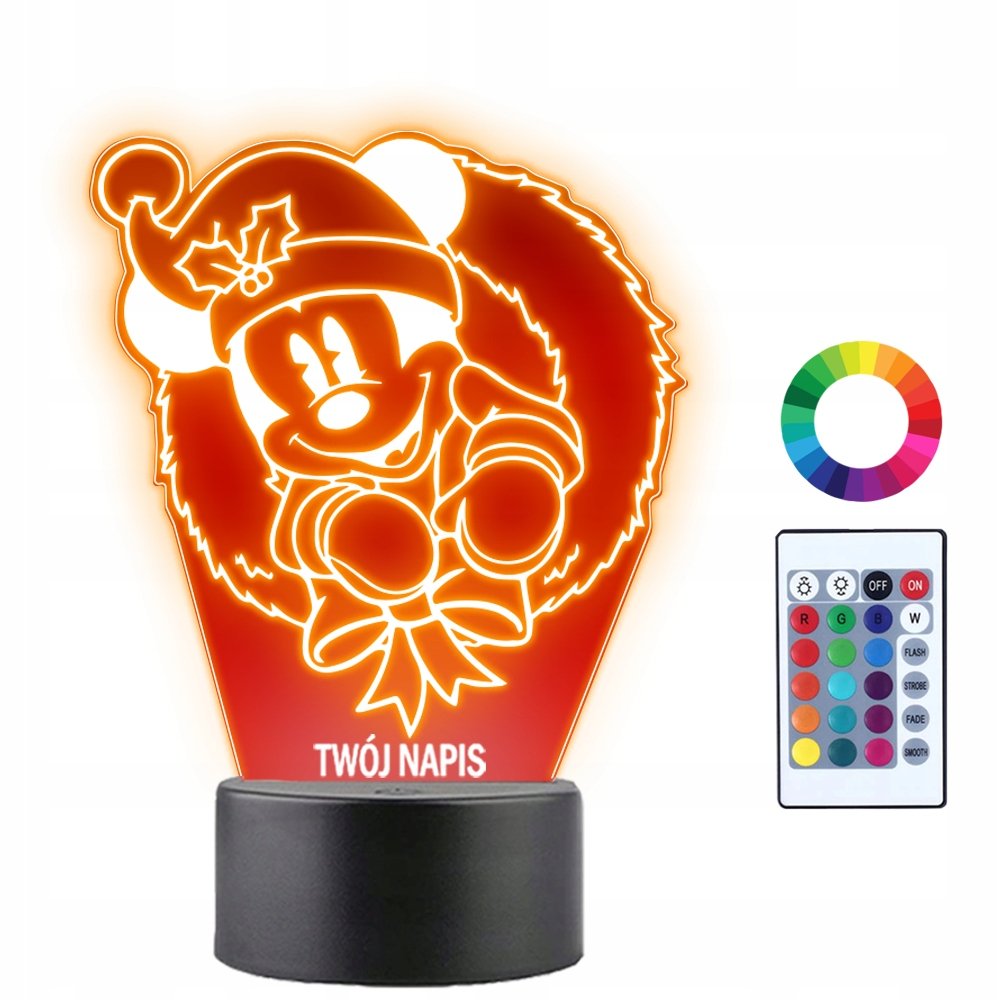 Lampka Nocna Świąteczna Myszka Miki Prezent Twój Napis Imię Grawer 3D LED