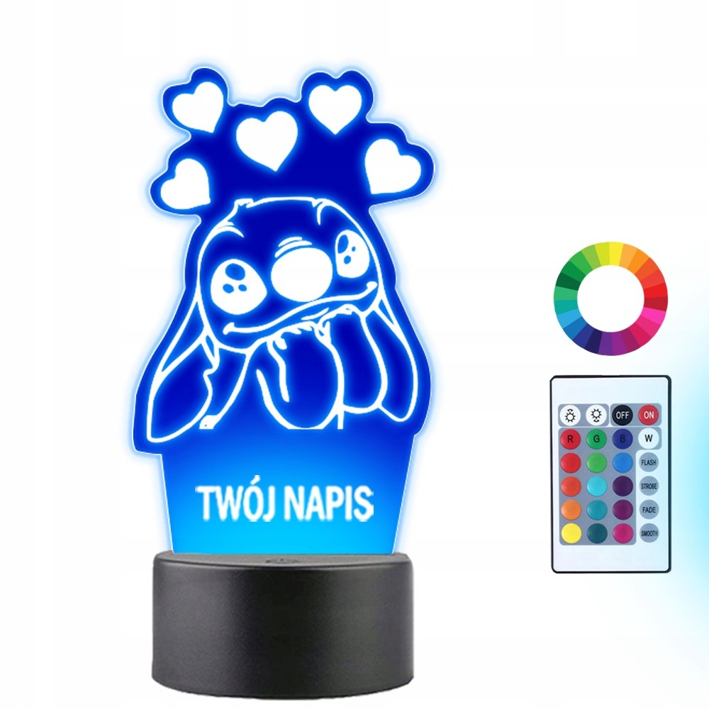 Lampka Nocna Bajka Stich Serca Prezent Twój Napis Grawer Imię 3D LED