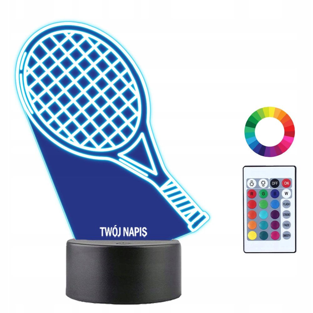 Lampka Nocna LED 3D Tenis Rakieta Do Tenisa Prezent Twój Napis Imię 3D LED