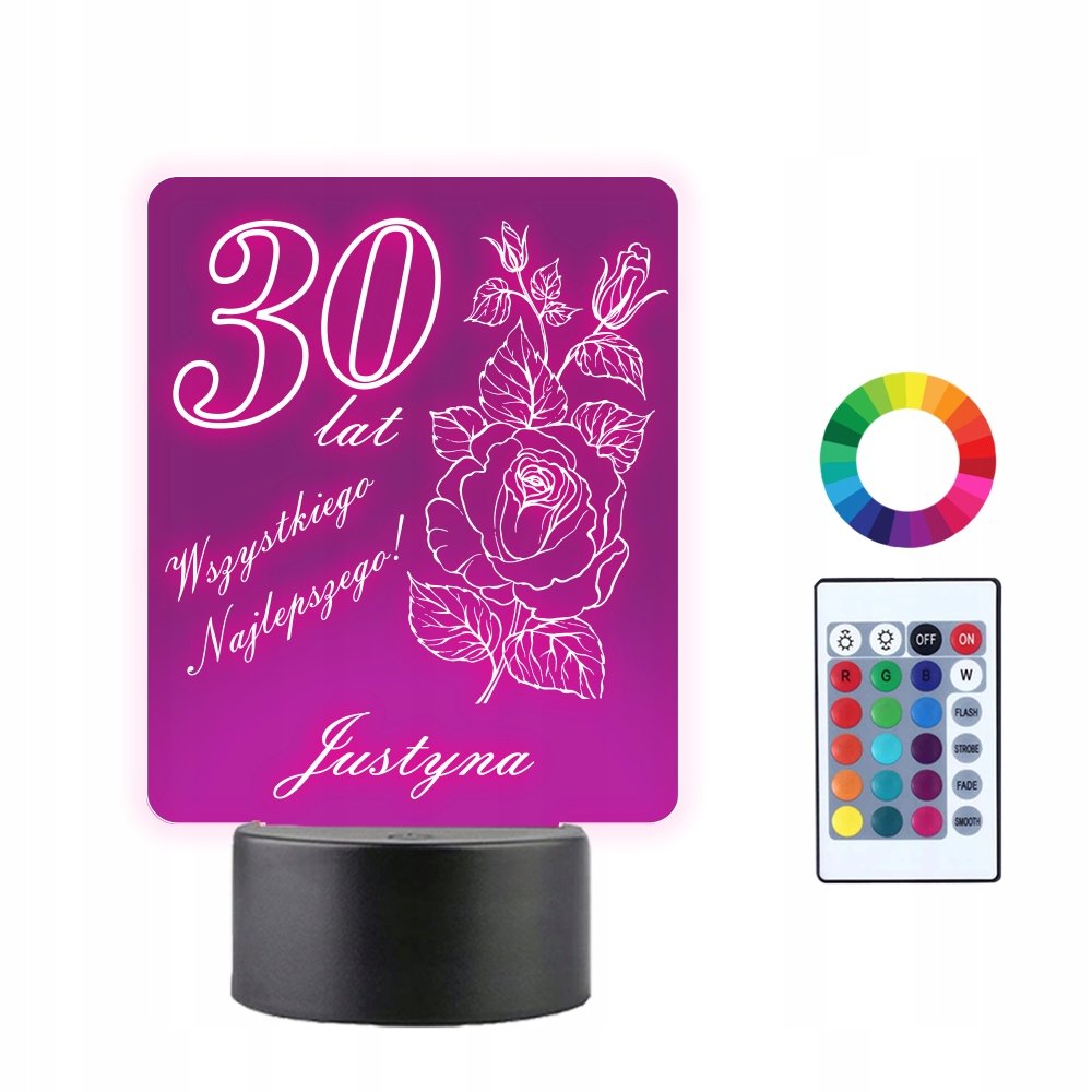 Lampka Nocna 3D LED 30 Urodziny Prezent Grawer