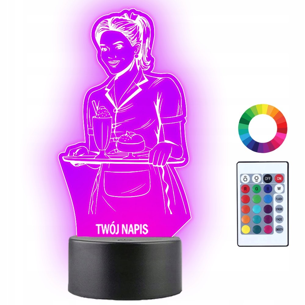 Lampka Nocna Kelnerka Kobieta Prezent Twój Napis Imię Grawer 3D LED
