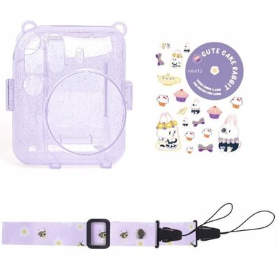 Futerał Etui Pokrowiec Case Do Fujifilm Fuji Instax Mini 12 + Naklejki I Kieszeń Na Zdjęcia / Słodki Królik / Fioletowy Brokat