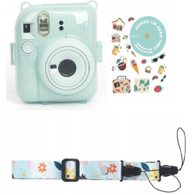 Futerał Etui Pokrowiec Case Do Fujifilm Fuji Instax Mini 12 + Naklejki I Kieszeń Na Zdjęcia / Wakacyjny Czas / Zielony Brokat