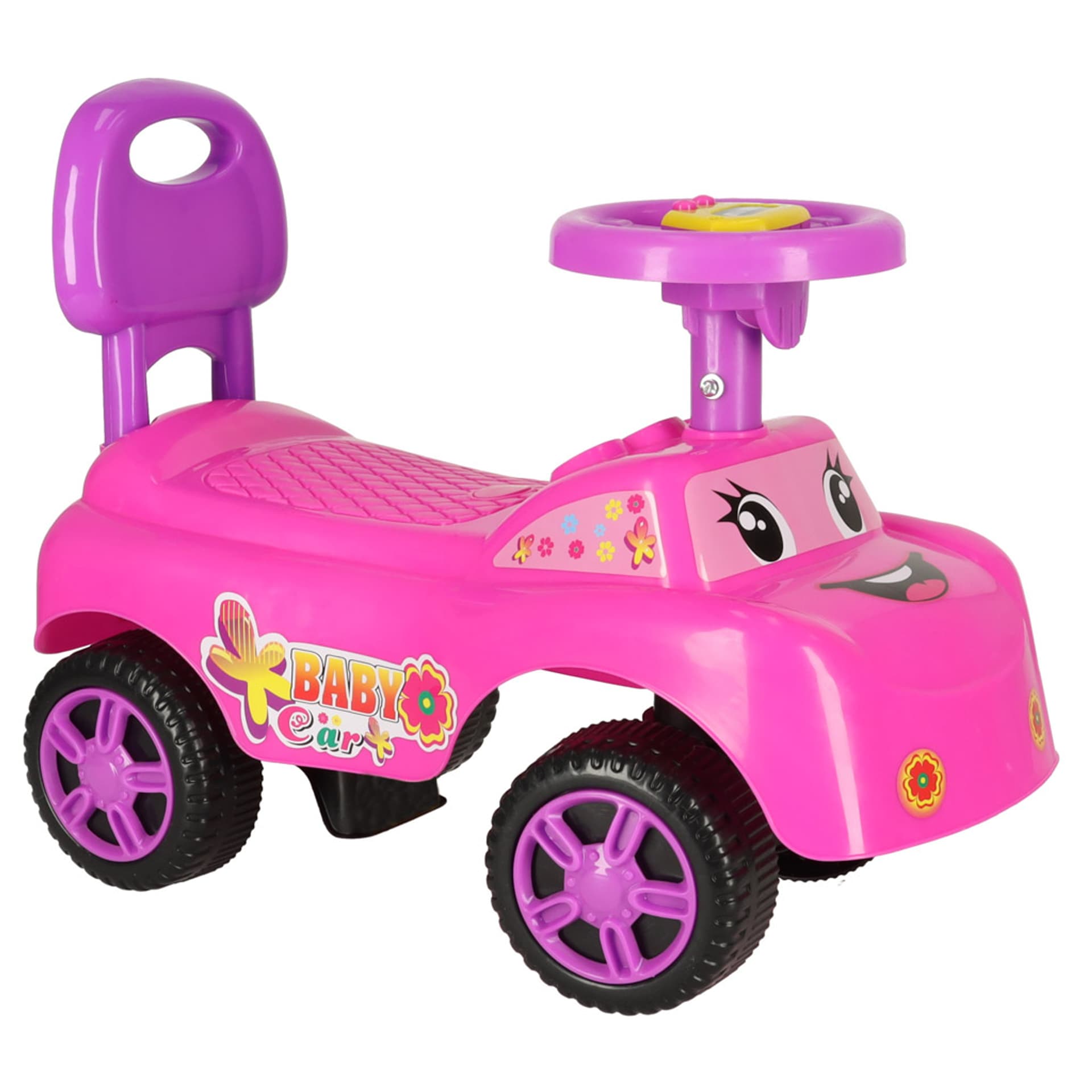 ﻿Jeździk pchacz samochodzik uśmiechnięty z klaksonem różowy